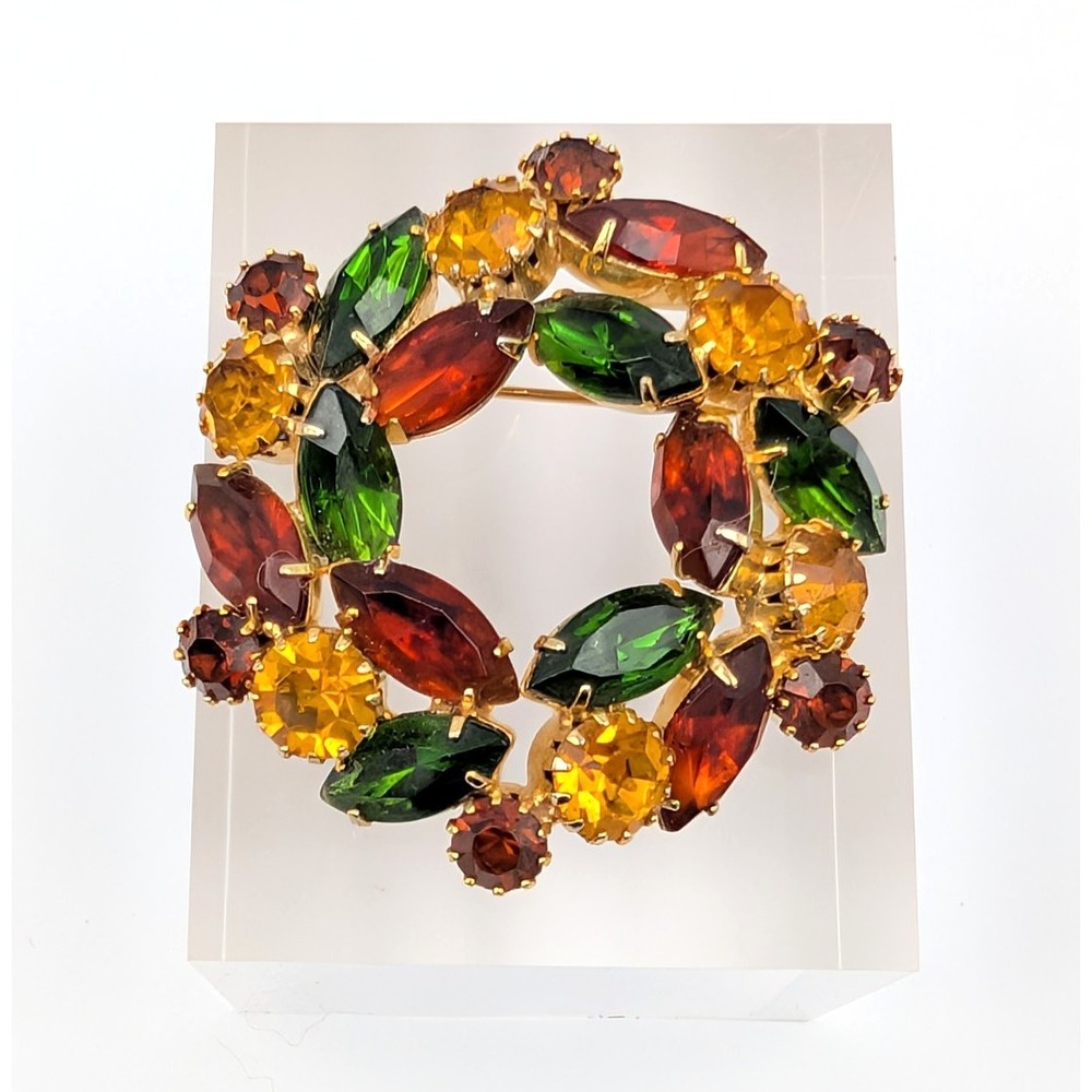 Vintage Marquise Rhinestone Wreath Brooch Gold Tone‎ 3D Fall Autumn